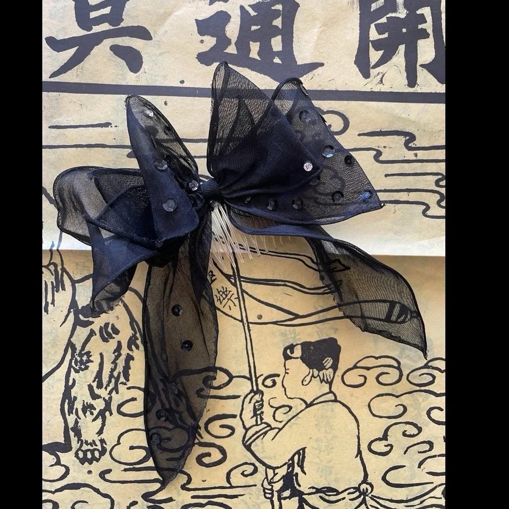 Vintage Chiffon Sequined Black Bow with Comb